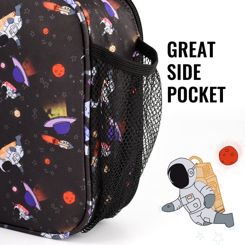 Genteen Insulated Lunch Bag with Shoulder Strap  Kids Prints Lunch Bag Double Zipper & Side Pocket Kids Lunch Bag Sturdy Soft Bag & Cooler Bag Back to School for Girls  Boys - Astronaut - Image 3